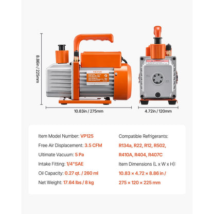 Vacuümpomp – Vacuümset – Manometerset – Koelinstallatiepomp – HVAC Pomp – Single-Stage 3,5 CFM – Compatibel met Meerdere Koelmiddelen