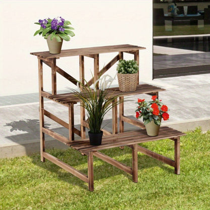 Plantenrek – Plantenstandaard – Plantentafel – Plantentrap – Bloemenrek – 3 Laags – Vurenhout Met Metalen Frame – 80 x 80 x 78 cm – Stevig & Rustiek