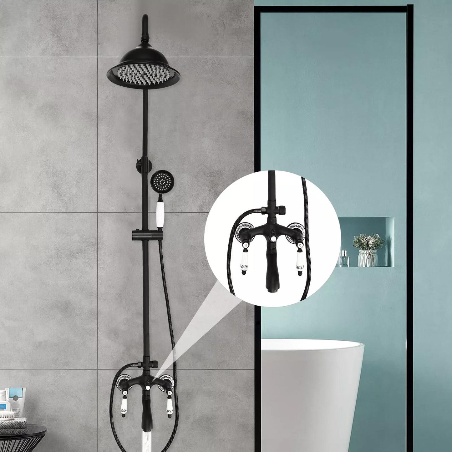 Regendoucheset – Doucheset – Douchekolom – Douchekraan – Douchesysteem – Zwart metalen design – Verstelbare hoogte 78-115 cm – Duurzame messing en RVS constructie