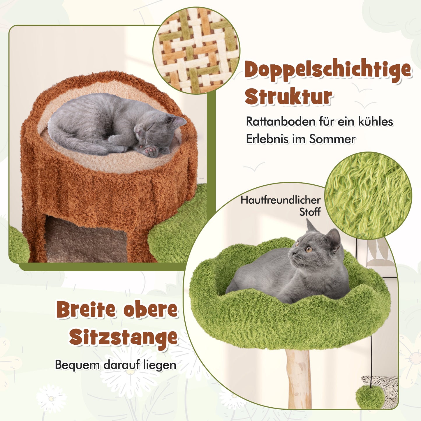Kattenkrabpaal – Krabboom – Kattentoren – Krabmeubel – Kattenhuis – Tweelaagse Kattengrot – Stevig Houten Frame – Sisal Krabpaal Met Speelbal – Bruin Groen 80x50x141 cm