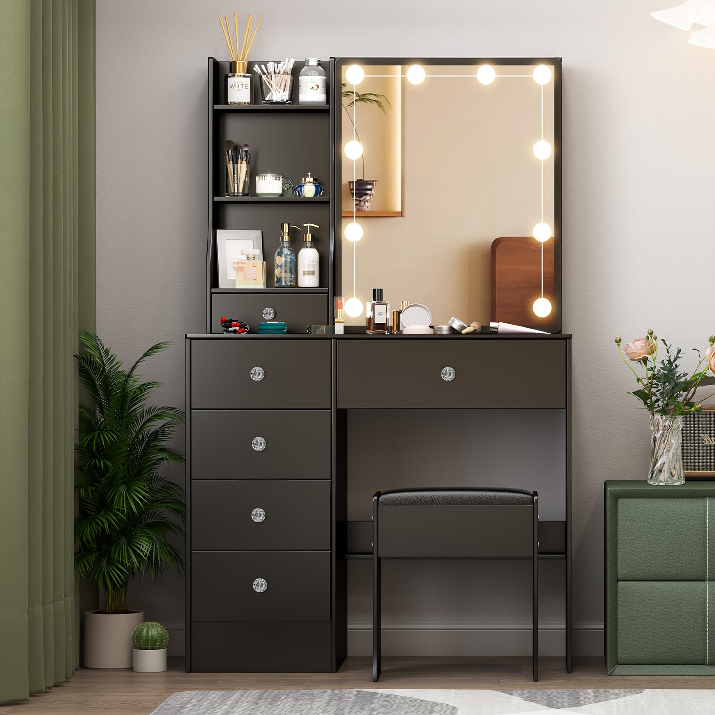 Make-up Tafel – Kaptafel – Schminktafel – Make-up Bureau – Make-up Organizer – Zwart – 6 Lades & Opbergruimte – Instelbare LED Verlichting met 3 Lichtkleuren