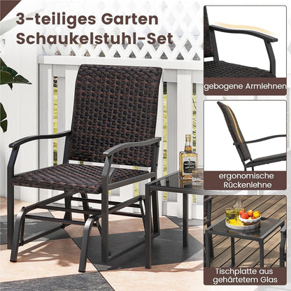 3-Delige Balkonset – Rattan Balkonmeubel – Tuinmeubelen – Terras Set – Buitenmeubilair – Gevlochten Rattan – Comfortabele Gevoerde Stoelen – Tempered Glas Tafel