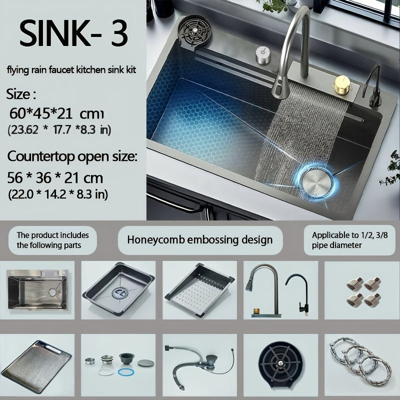 Digitale Waterval Spoelbak – Keukenspoelbak – Vaatwastafel – Keukenbak – Vaatbak – RVS Rechthoekige Spoelbak Grijs 60x45 cm – Uittrekbare Watervalkraan – Ingebouwde Zeepdispenser & Snijplank