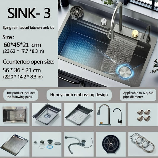 Digitale Waterval Spoelbak – Keukenspoelbak – Vaatwastafel – Keukenbak – Vaatbak – RVS Rechthoekige Spoelbak Grijs 60x45 cm – Uittrekbare Watervalkraan – Ingebouwde Zeepdispenser & Snijplank