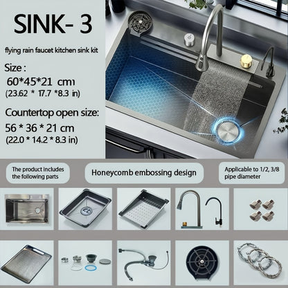 Digitale Waterval Spoelbak – Keukenspoelbak – Inbouwspoelbak – RVS Spoelbak – Gouden Spoelbak – Uittrekbare Kraan – Digitale Display – Groot Formaat – Snijplank & Zeepdispenser – Vacuüm Afvoersysteem – Onderhoudsvriendelijk – Moderne Rechthoekige Design