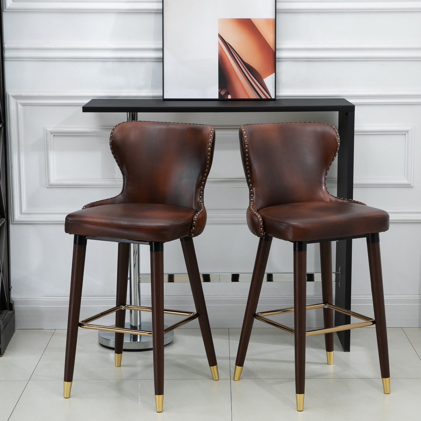 Barkruk – Barstoel – Bistrokruk – Eetkamerstoel – Counterstoel – Set Van 2 – Bruin Kunstleer – Met Rugleuning en Voetensteun – 52x53x101 cm
