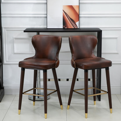 Barkruk – Barstoel – Bistrokruk – Eetkamerstoel – Counterstoel – Set Van 2 – Bruin Kunstleer – Met Rugleuning en Voetensteun – 52x53x101 cm