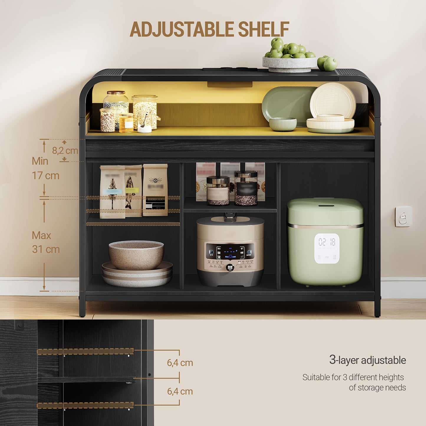 Wit Keukenkastje – Dressoir – Opbergkast – Sideboard – Kast – LED Verlichting – Verstelbare Planken – 100x35x80 cm