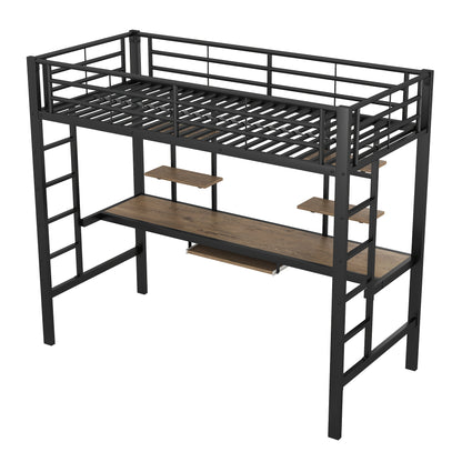 Bedframe – Metalen Bed – IJzeren Bed – Hoogslaper – Eenpersoonsbed – Inclusief Bureau En Boekenplanken – Robuust Stalen Frame – Afmeting 90x200 cm – Zwart
