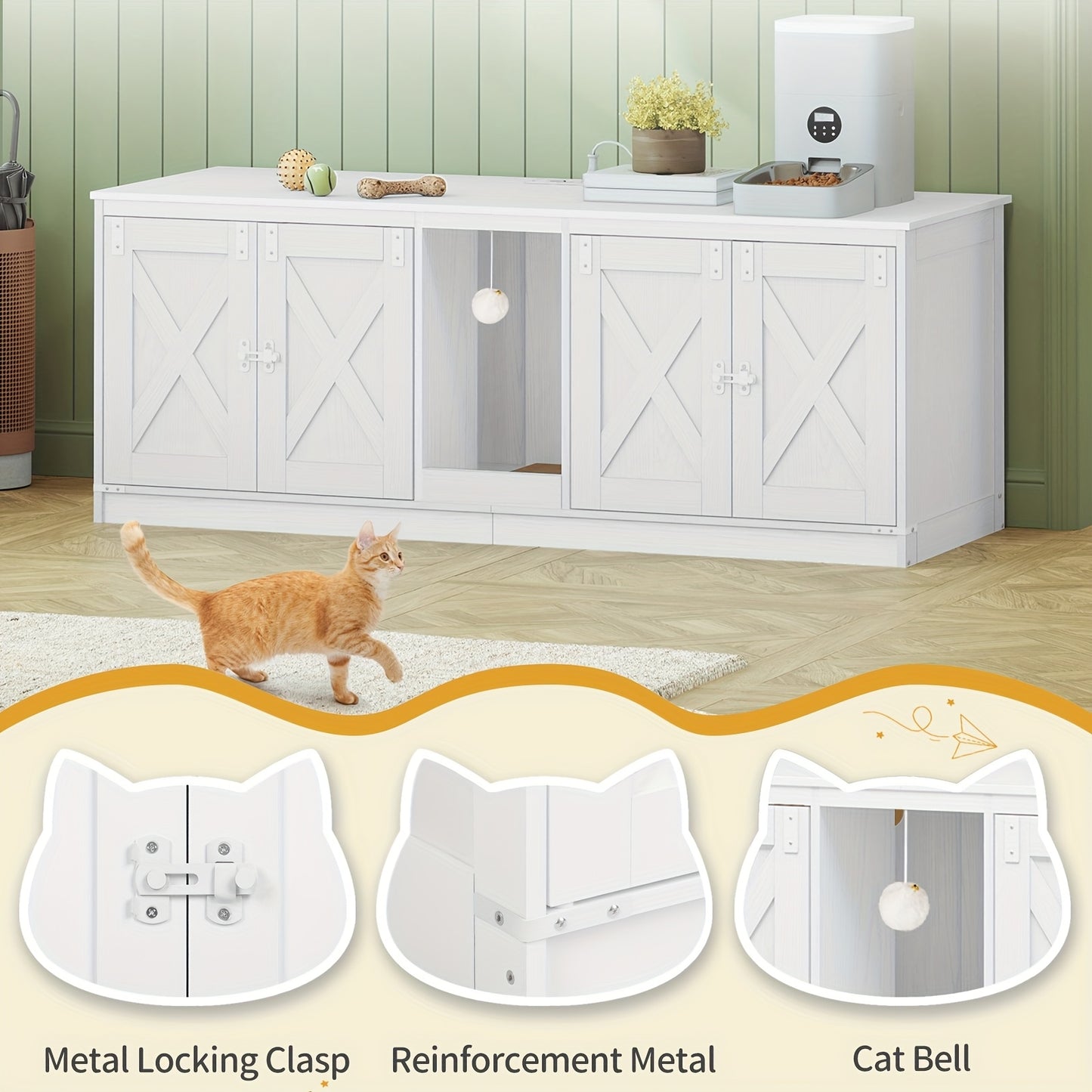Kattenkast – Kattenbak Kast – Kattenbak Meubel – Kattenhuis – Kattenbakkast – Verborgen Kattenbak Voor 2 Katten – Hoogwaardig Wit MDF – 140 cm Breed
