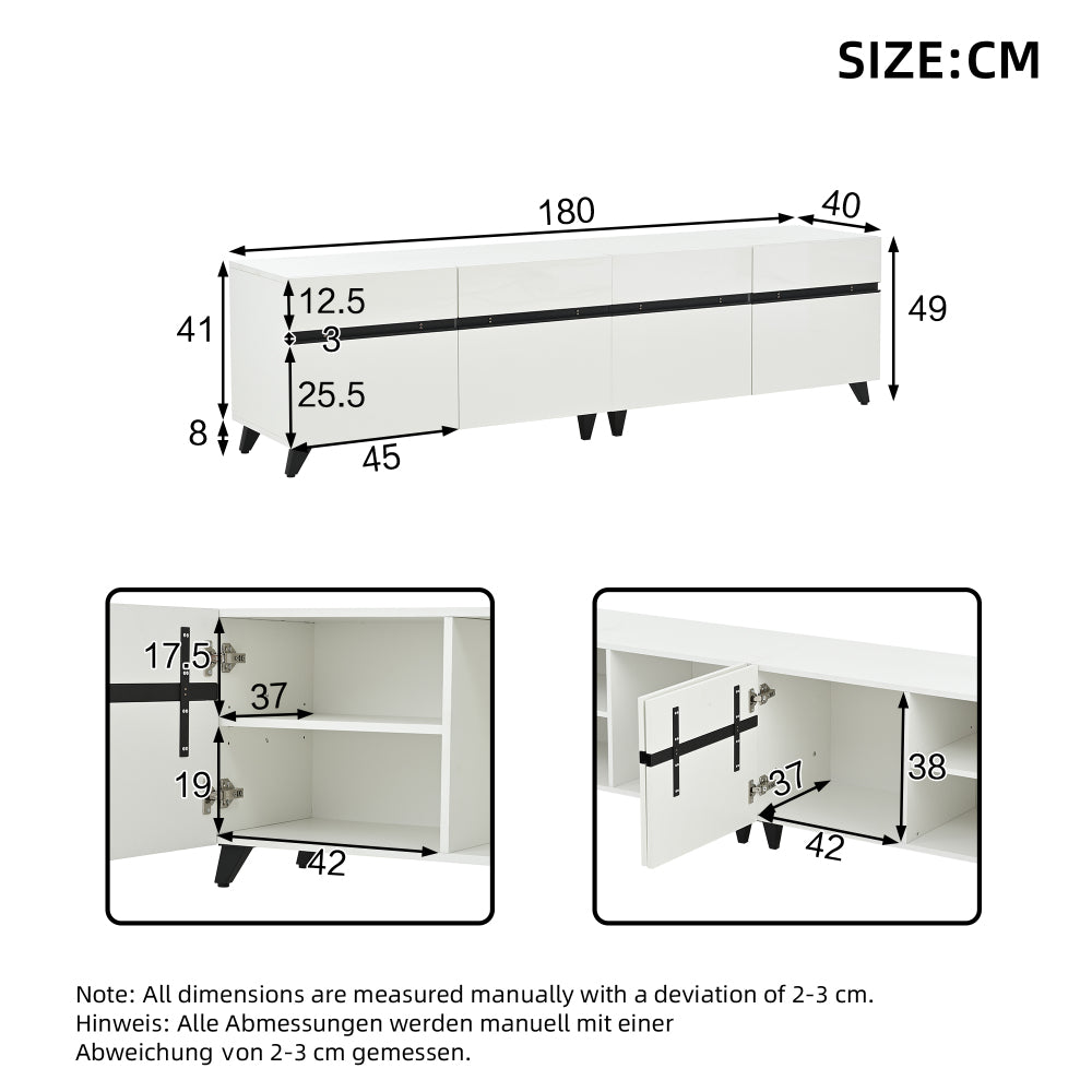 TV-meubel – TV-kast – Lowboard – Entertainmentmeubel – Tv-dressoir – Hoogglans Wit – 180x40x49 cm – 4 Kasten Met Verstelbare Planken
