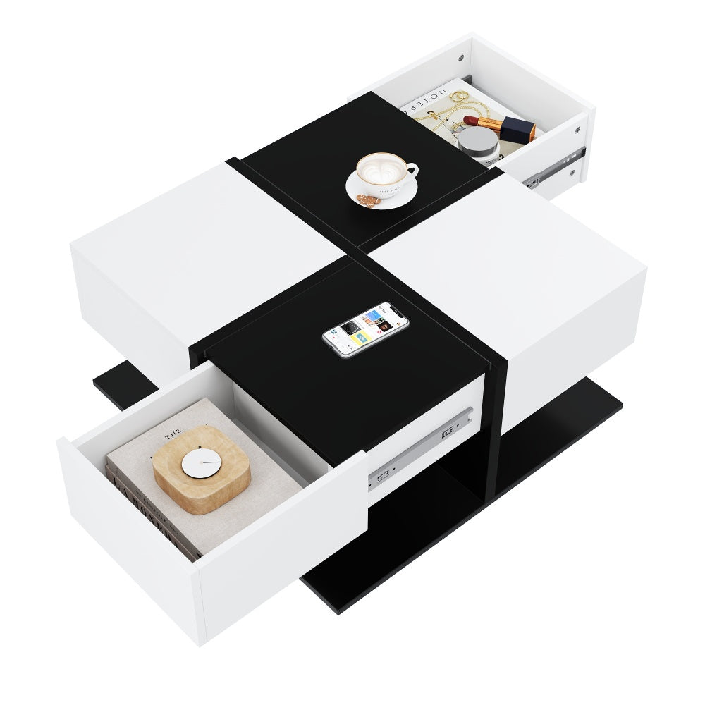 Modern Black and White Coffee Table | 70×70×35.5 cm, Square Living Room Storage Table with 2 Drawers, High Gloss Finish, Smooth Drawer Slides, Metal Construction