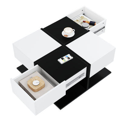 Modern Black and White Coffee Table | 70×70×35.5 cm, Square Living Room Storage Table with 2 Drawers, High Gloss Finish, Smooth Drawer Slides, Metal Construction