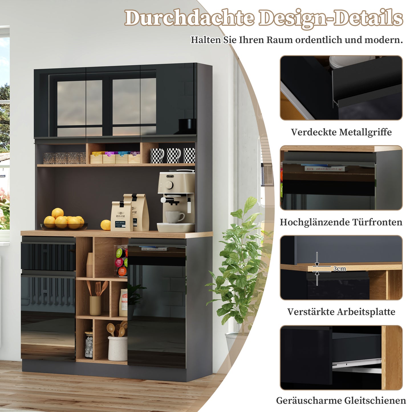 Keukenkastje – Buffetkast – Dressoir – Opbergkast – Hoge Kast –  Zwart – 185 cm Hoog – 3 cm MDF Werkblad Met Houtlook