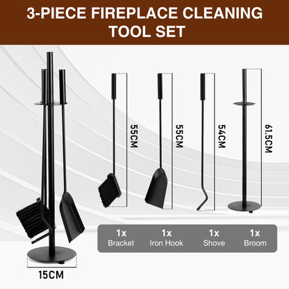 Haardset – Haardstel – Openhaard Set – Haardgereedschap – Houtkachel Set – 3-delig – Mat Zwart Staal