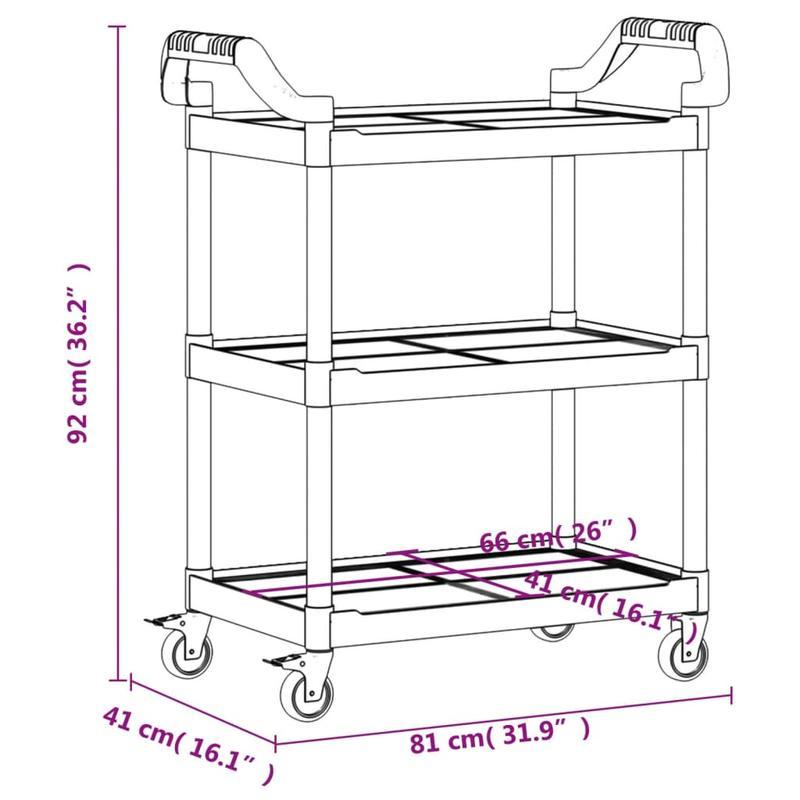 Keukentrolley – Serveerwagen – Opbergtrolley – Keukenwagen – Mobiliteitswagen – 3 Niveaus – Aluminium – Zwart – 81x41x92 cm