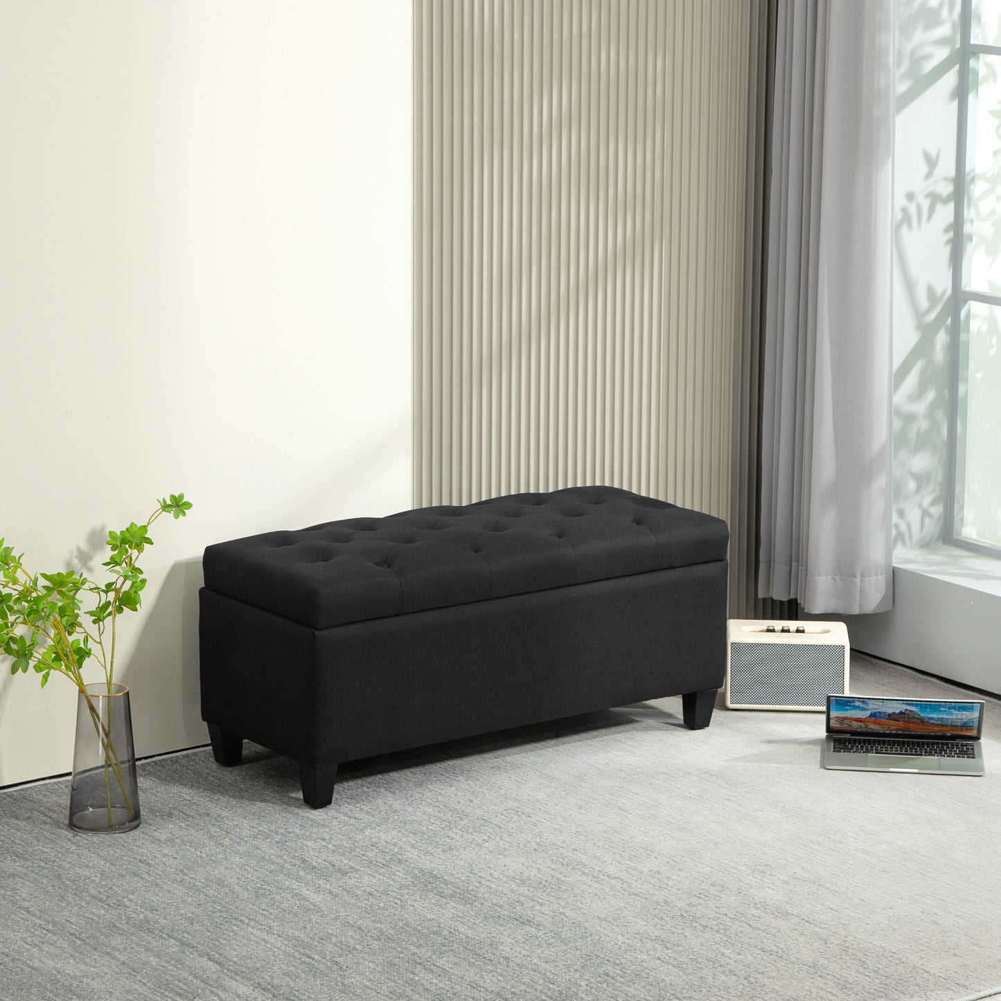 Opbergbank – Zitbank – Opbergbox – Halbank – Opbergruimte – Gestoffeerd Zwart – Polyester Linnen Look – 100x40x44 cm – Rubberen Houten Poten