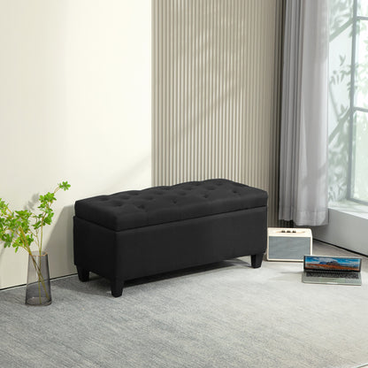 Opbergbank – Zitbank – Opbergbox – Halbank – Opbergruimte – Gestoffeerd Zwart – Polyester Linnen Look – 100x40x44 cm – Rubberen Houten Poten