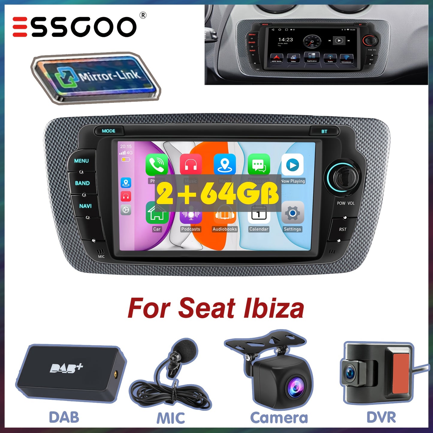 Autoradio – Auto Stereo – Multimedia Speler – Navigatiesysteem – In-Dash Unit – Android 14 – 7 Inch Touchscreen – 2GB RAM 64GB opslag – Draadloos CarPlay & Android Auto – AHD Achteruitrijcamera & DVR