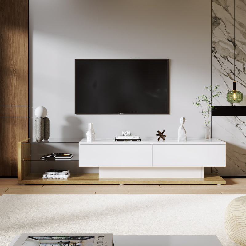 Tv meubel – TV-kast – Media meubel – Entertainmentmeubel – Dressoir – Hoogglans wit & houtlook – 2 lades en open planken