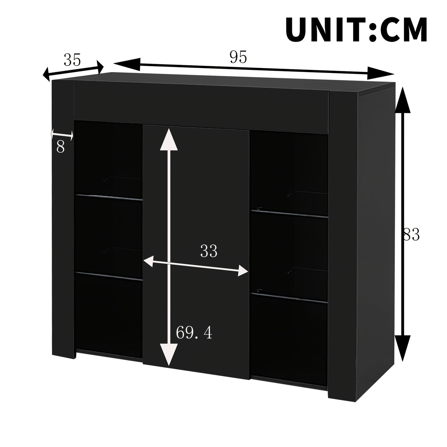 Modern Black Metal Sideboard with Glass Shelves & Doors - High-Gloss Compact Storage Cabinet, Space-Saving Contemporary Furniture for Living Room, Dining Room, Kitchen - 95x35x83cm, Durable Metal Construction & Glass Doors, A