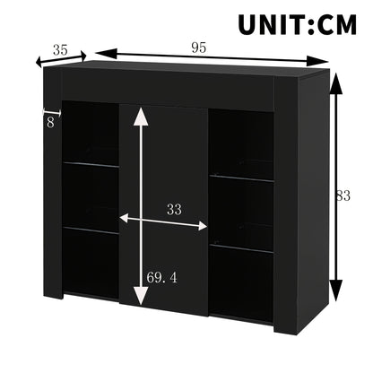 Modern Black Metal Sideboard with Glass Shelves & Doors - High-Gloss Compact Storage Cabinet, Space-Saving Contemporary Furniture for Living Room, Dining Room, Kitchen - 95x35x83cm, Durable Metal Construction & Glass Doors, A