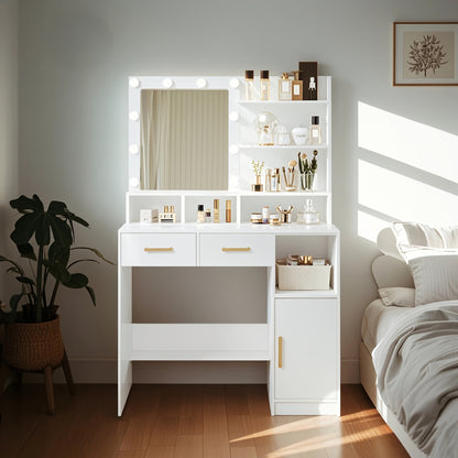 Dressing Table With Mirror And 10 LED Lights, Adjustable Brightness, Dressing Table With 2 Drawers & 1 Cabinet, 3 Shelves & 4 Open Compartments, White