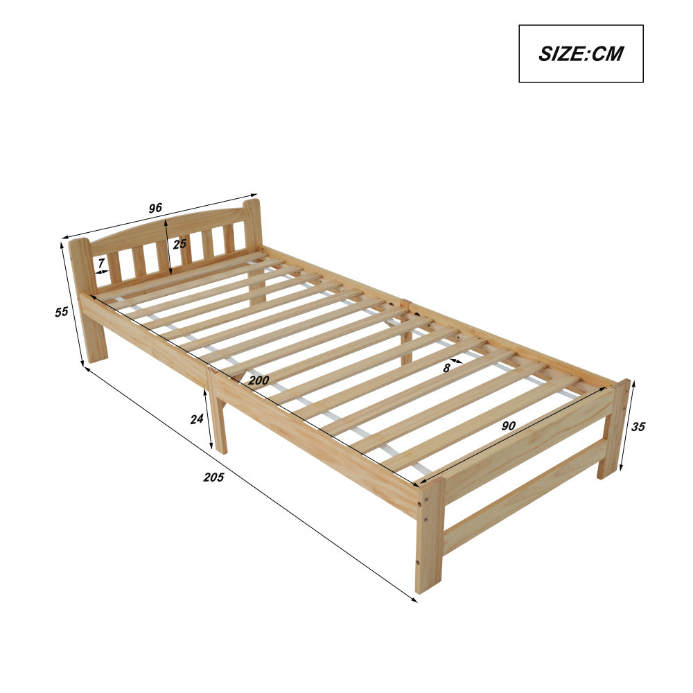 Houten Bed – Massief Houten Bed – Eenpersoonsbed – Futonbed – Natuurlijke Kleur Bed – Met Hoofdeinde – Lattenbodem – Afmeting 90x200 cm