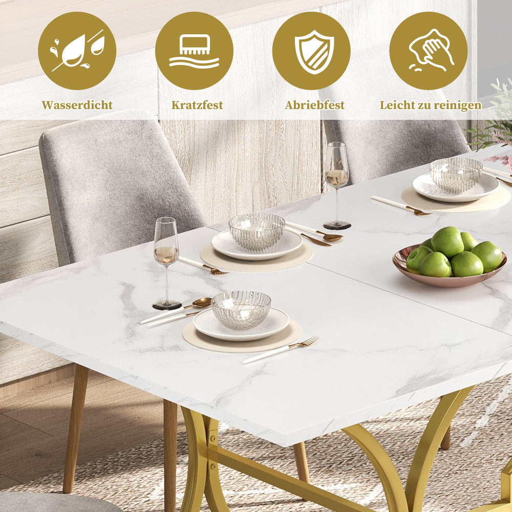 Eettafel – Tafel – Eetkamertafel – Keukentafel – Dinertafel – Extra Lang – Marmerlook – Gouden Metalen Poten – Slijtvast & Waterbestendig – Geschikt voor 8-10 Personen