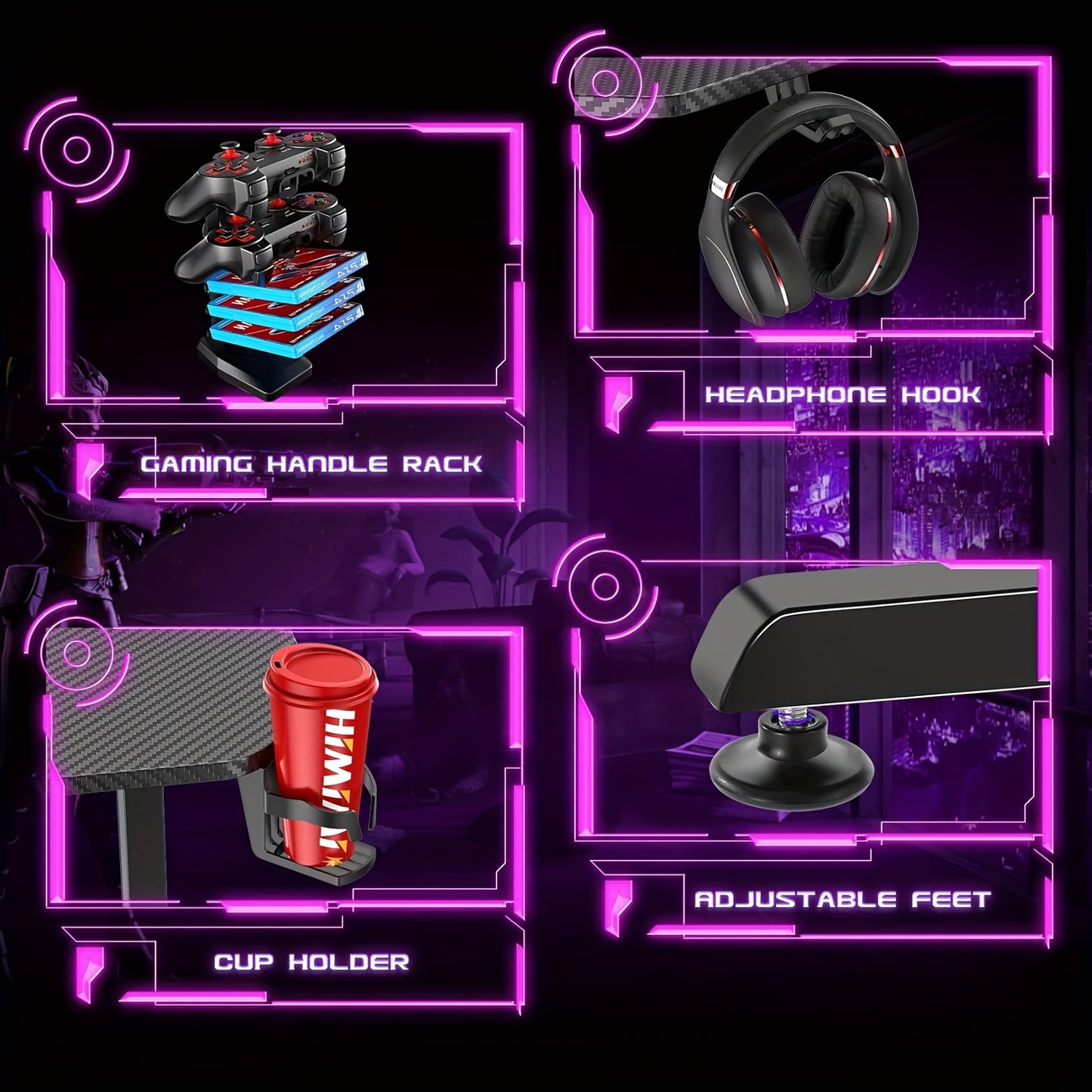 Gaming Bureau – Game Bureau – Gaming Desk – Computerbureau – Werkplek – Ergonomisch Design – Volledig Carbon Fiber Muismatoppervlak – Bekerhouder en Headset Haak – Zwart Met Blauwe Accenten – 160x75x75 cm