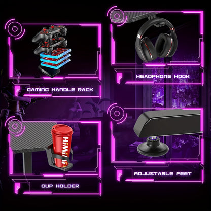 Gaming Bureau – Game Bureau – Gaming Desk – Computerbureau – Werkplek – Ergonomisch Design – Volledig Carbon Fiber Muismatoppervlak – Bekerhouder en Headset Haak – Zwart Met Blauwe Accenten – 160x75x75 cm