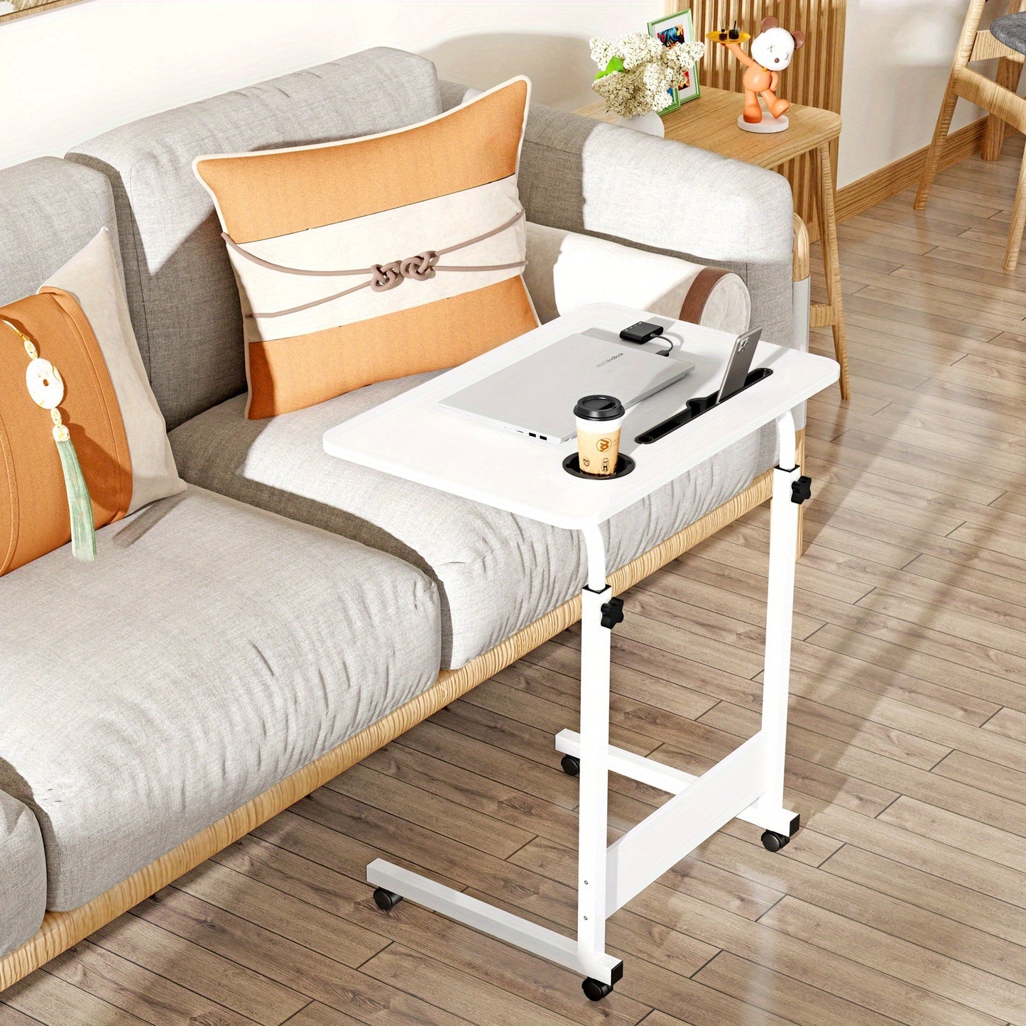 Verstelbaar Klein Bureau op Wieltjes – Laptop- en Computer Tafel 60x40 cm – Multifunctioneel Bijzettafeltje voor Bed, Woonkamer of Kantoor, Bruin