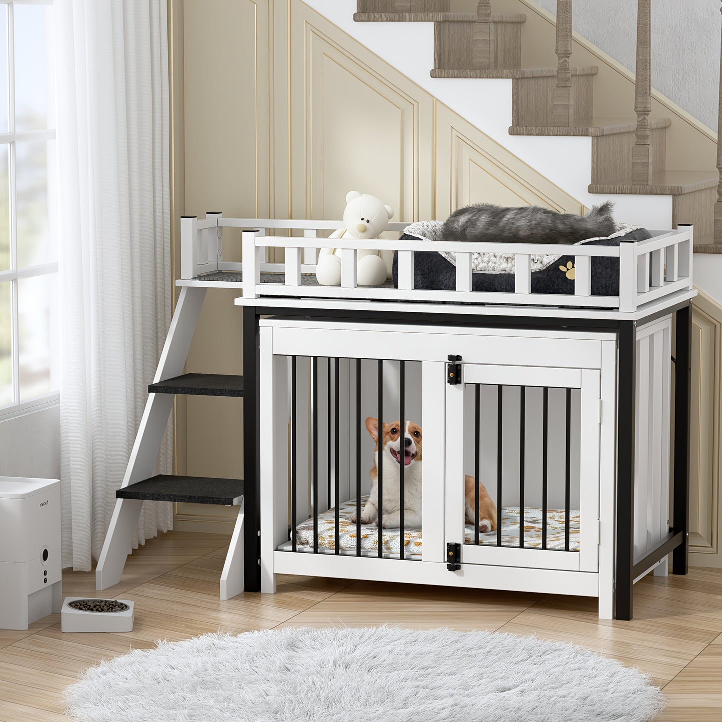 Hondenhok – Hondenhuis – Hondenkennel – Huisdierhuis – Hondenbench – Dubbel Houten Huisje Met Trap – Geschikt Voor Middelgrote En Grote Honden – Duurzaam Wit Design 120x56x65 cm