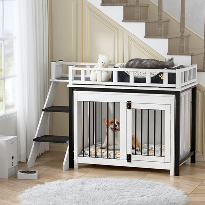 Hondenhok – Hondenhuis – Hondenkennel – Huisdierhuis – Hondenbench – Dubbel Houten Huisje Met Trap – Geschikt Voor Middelgrote En Grote Honden – Duurzaam Wit Design 120x56x65 cm