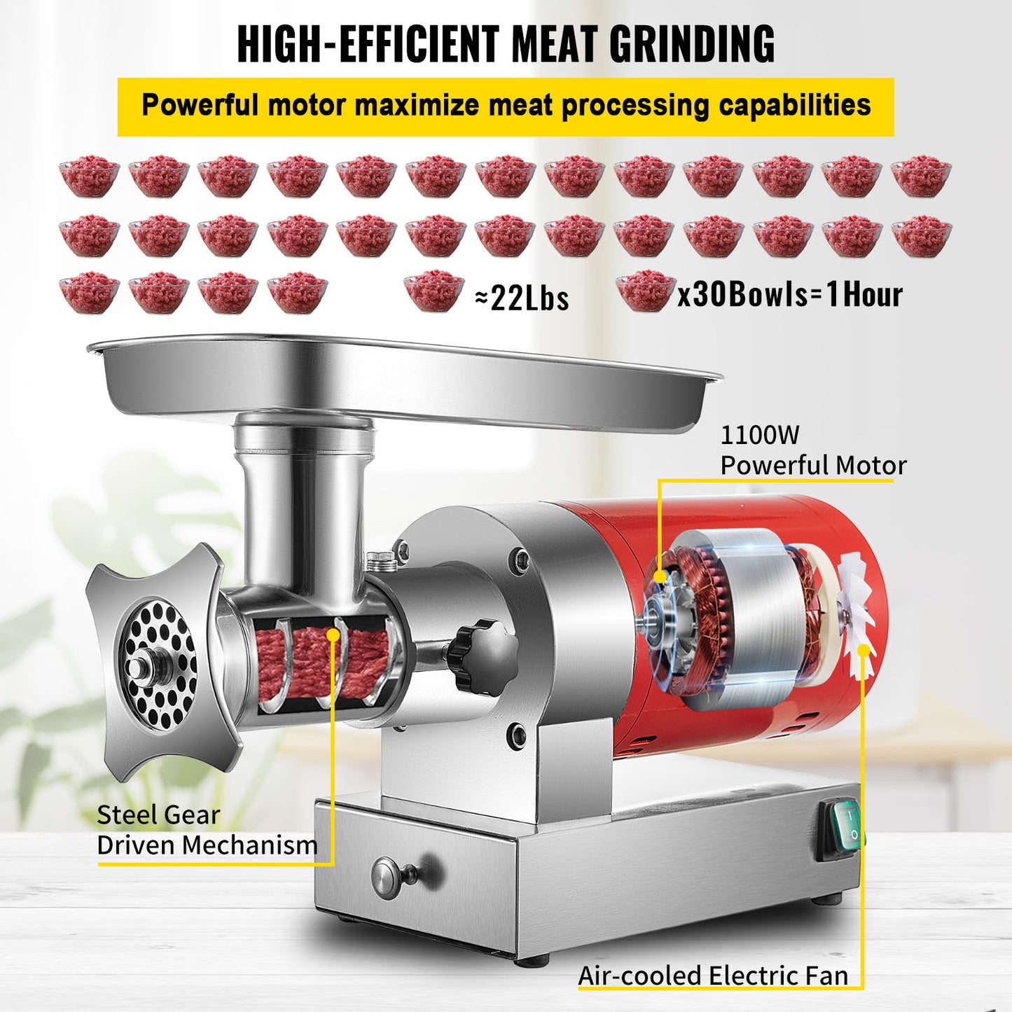 Vleesmolen – Gehaktmolen – Worstmaker – Keukenmachine – Vleesvermalser – 1100W Krachtige Motor – RVS Materiaal