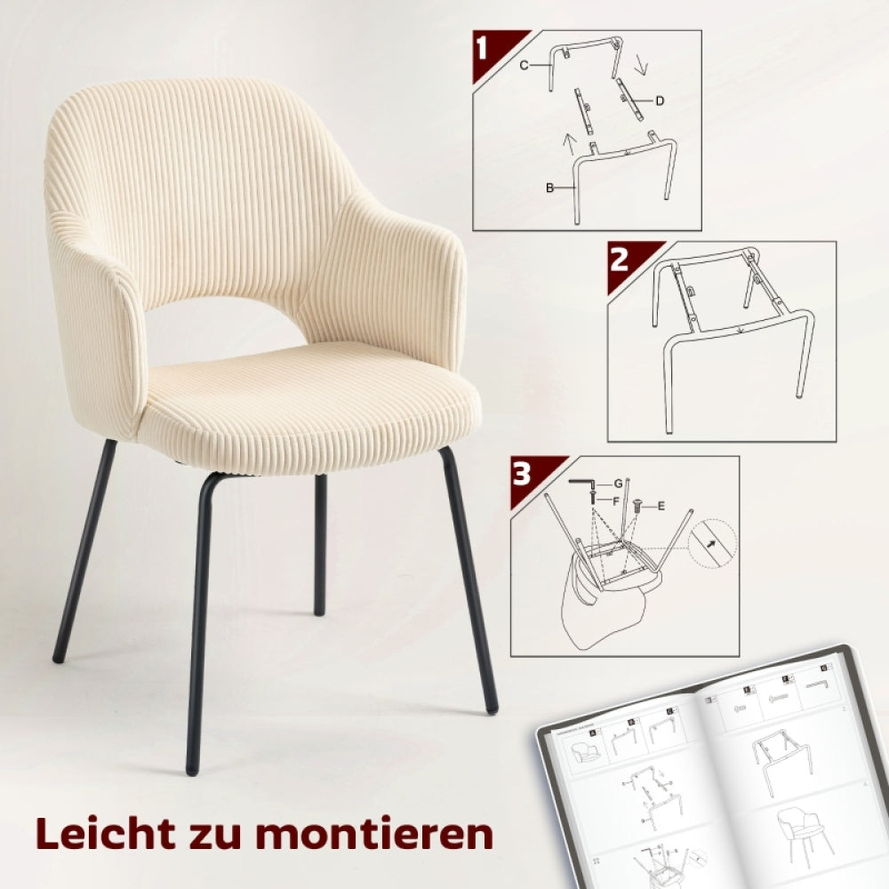 Eetkamerstoel – Stoel – Kuipstoel – Draaistoel – Designstoel – Beige Corduroy Bekleding – Metalen Onderstel – Zacht Kussen – Glijdende Mechaniek