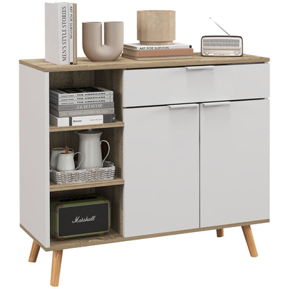 Dressoirkast – Opbergkast – Sideboard – Buffetkast – Servieskast – Wit Met Houten Poten – Verstelbare Planken & Lade – 95x35x85 Cm – Stabiel & Modern Scandinavisch Design
