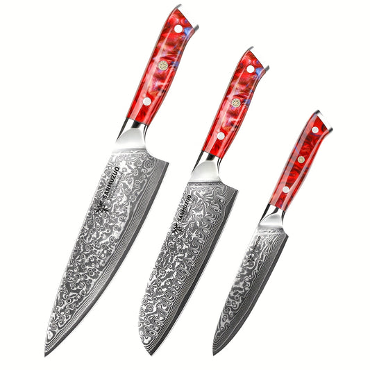 Messenset – Keukenmessen – Broodmes – Utility Mes – Santokumes – Rood – VG10 Damascus Staal – Resin Handvat