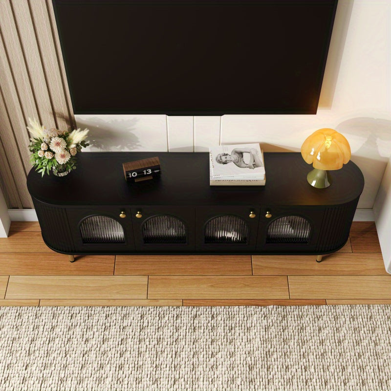 Tv-meubel – Lowboard – TV-kast – Media meubel – TV-dressoir – Zwart MDF met glazen deuren – Gouden handgrepen en poten – Ruime opbergruimte – Afgeronde hoeken