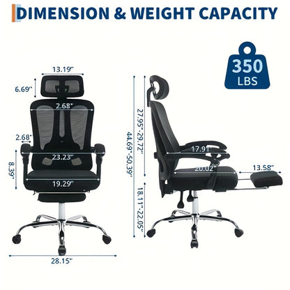 Bureaustoel – Ergonomische Stoel – Kantoorstoel – Office Chair – Draaistoel – Memory Foam Zitting – Verstelbare Lendensteun & Inklapbare Voetsteun – Metalen Frame – Zwart