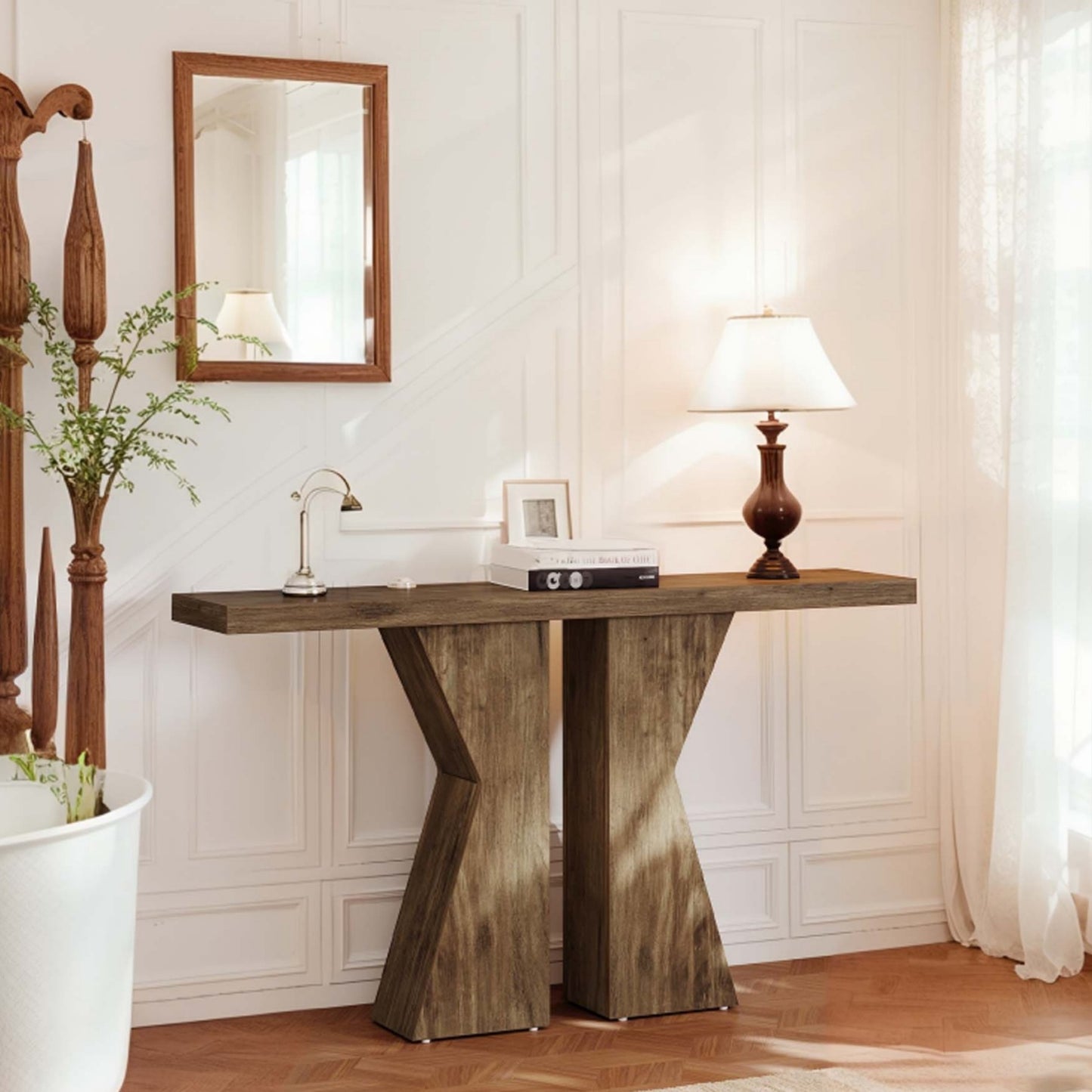 Moderne Sidetable – Haltafel – Gangtafel – Console Tafel – Smalle Wandtafel – Espresso Bruin – K-Vormig Frame – Verouderd MDF Blad – 140 cm – Engineered Wood – Zwart Metalen Poten