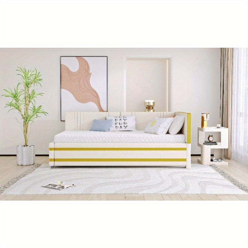 Gestoffeerd Bed – Slaapbank – Sofa Bed – Bedbank – Multifunctioneel Bed – 90x200 cm – Velours Stof Beige – Comfortabele Slatted Frame