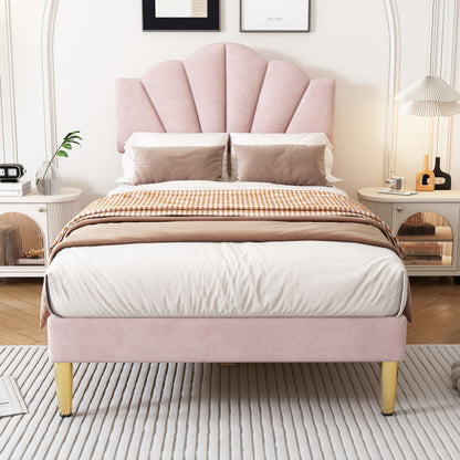 Eenpersoonsbed – Eenpersoonsbedden – Kinderbed – Opbergbed – Slaapbank – Gestoffeerd Roze Fluweel – Verstelbaar Schelpvormig Hoofdbord – Lattenbodem Hout 90x200 cm