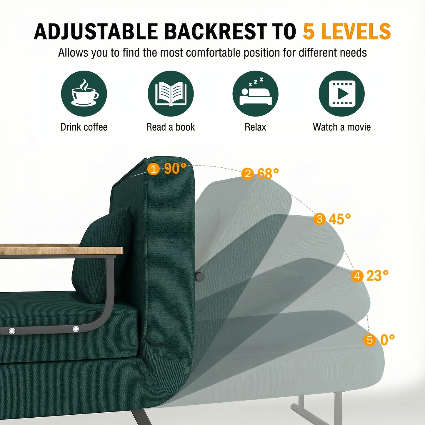 Vouwfauteuil – Slaapstoel – Klapstoel – Logeerstoel – Relaxstoel – Khaki Kleur – 5-Niveaus Verstelbare Rugleuning – Comfortabele Memory Foam Vulling