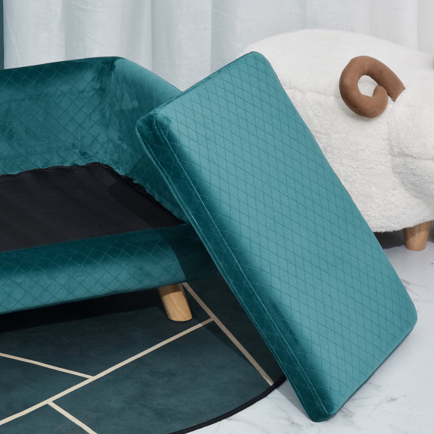 Hondenbed – Dogbed – Huisdierbed – Ligbed – Rustplek – Blauw Velvet – Scandinavisch Design – Zachte Katoenen Kussenlaag – Stevige Houten Poten – 64x45x36 cm