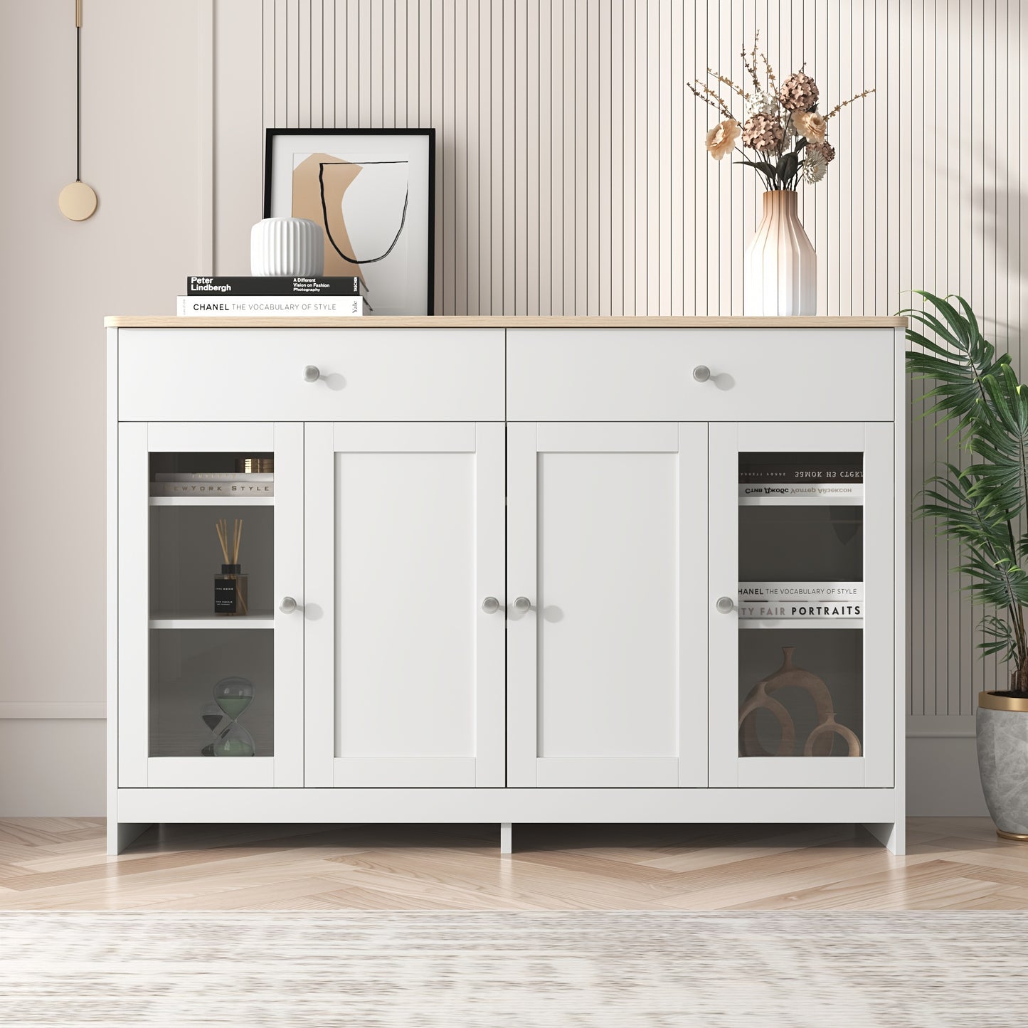 Dressoir – Sideboard – Opbergkast – Kast – Commode – Wit Houtnerf – Glasdeuren & Lades – MDF & Hardhout – Vrijstaand