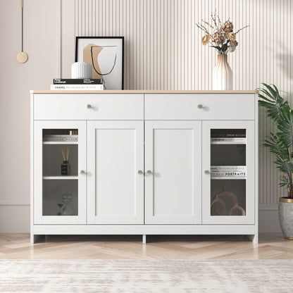 Dressoir – Sideboard – Opbergkast – Kast – Commode – Wit Houtnerf – Glasdeuren & Lades – MDF & Hardhout – Vrijstaand