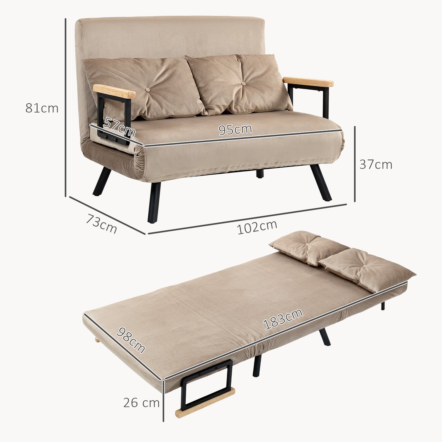 Slaapstoel – Slaapzetel – Logeerstoel – Bedstoel – Campingstoel – Met Houten Armleuningen – Stevig Metalen Frame – Max 120 kg – Lichtbruin – Compact 102x73x81 cm