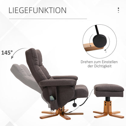 Relaxfauteuil – Draaifauteuil – Elektrische Stoel – Massagestoel – Ligfauteuil – Met Voetenbank – Massagefunctie en Opbergruimte – Robuust Houten Frame – Polyester Bekleding – Bruin