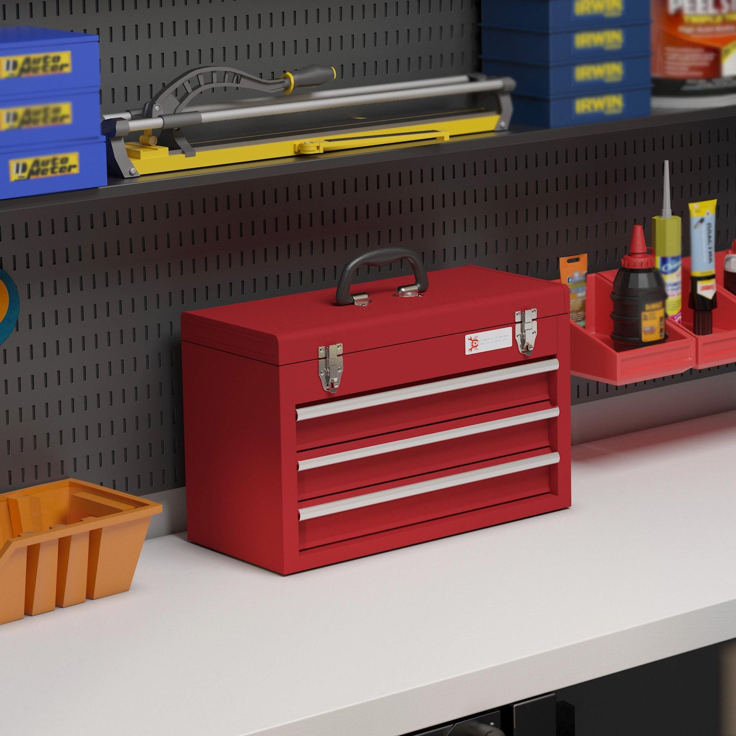 Gereedschapskist – Gereedschapskoffer – Toolbox – Werkplaatskist – Opbergkoffer – Robuust Koudgewalst Staal – 3 Lades Met Slot 51x22x32 cm Rood